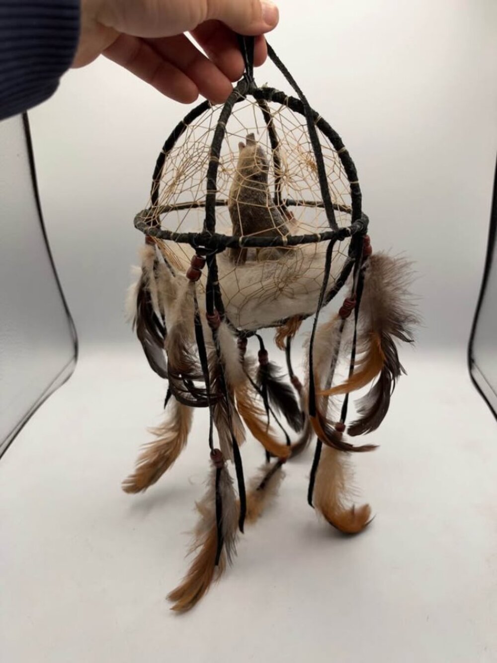 3D Wolf Dreamcatcher with Feathers and Beads